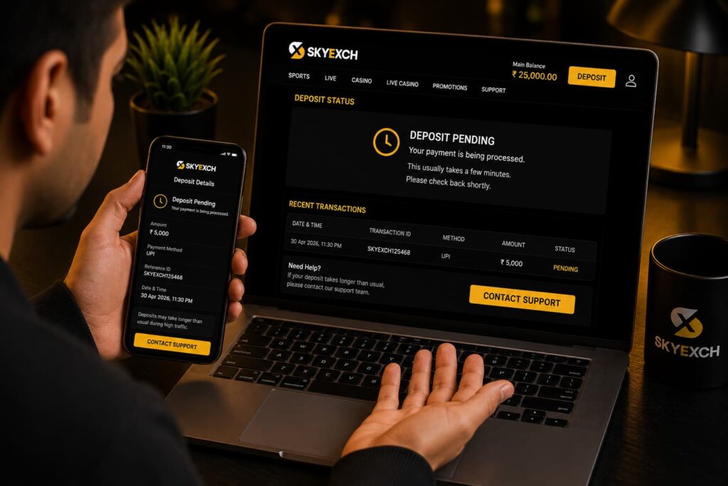 Sky Exchange Sky Exchange deposit pending status with transaction details and customer support option